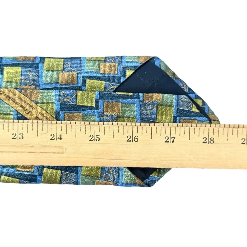 Vintage 90s Ermenegildo Zegna Blue Green Tan Squares 100% Silk Necktie Tie
